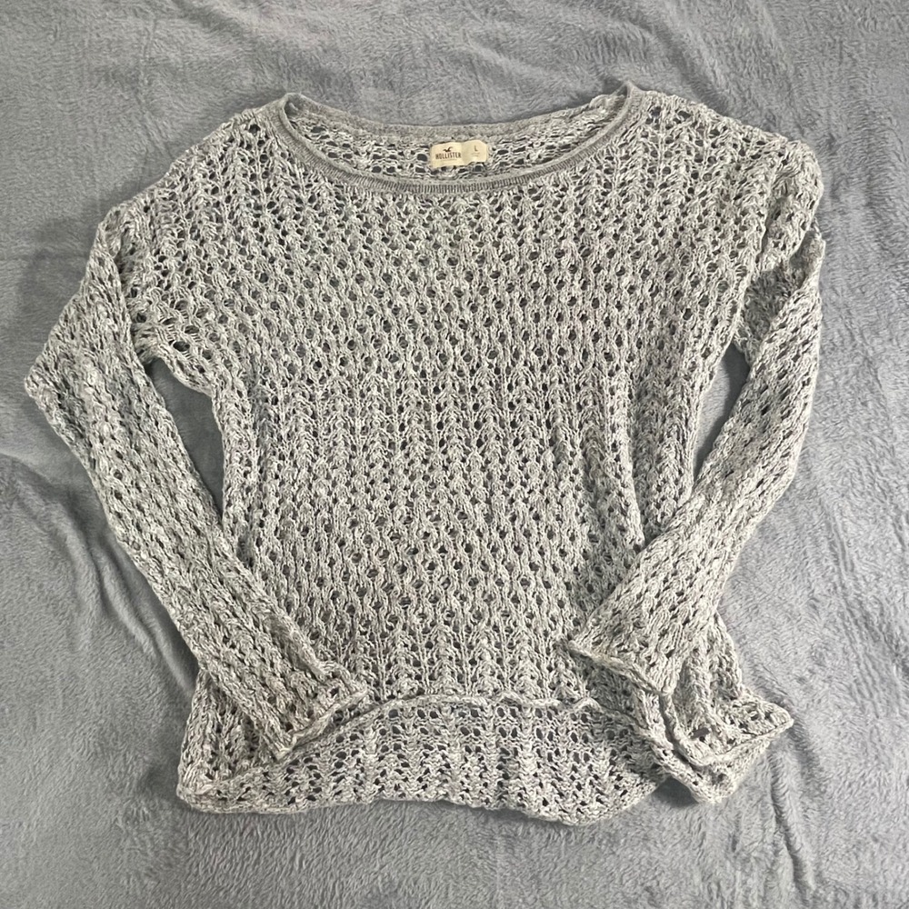 Hollister Open Knit Crochet Sweater Gray Long Sleeve Size Large Lightweight Boho